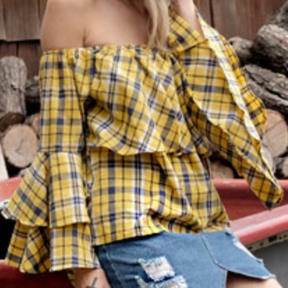 MUSTARD PLAID PRINT TOP - Picture 2 of 4